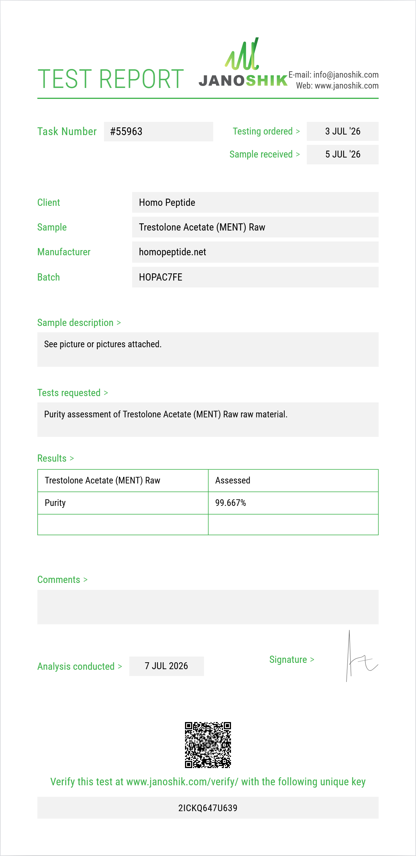 Trestolone Acetate (MENT) Raw Purity Test Report by Medutest