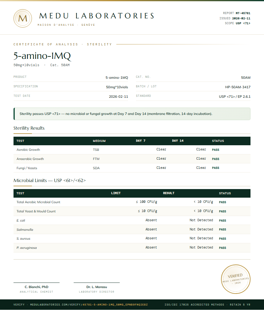 5-amino-1MQ Sterility report by Medutest
